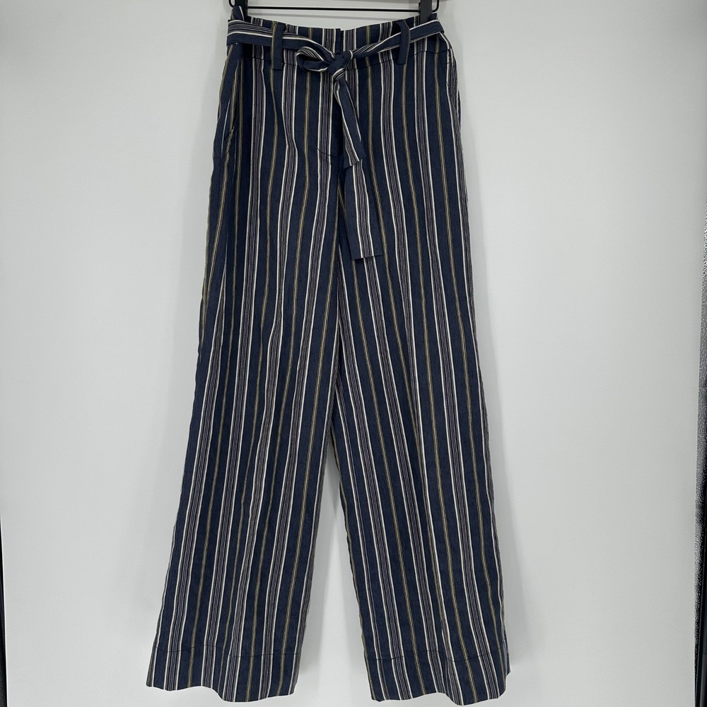 W BY WORTH Navy White Yellow Stripe Wide Leg‎ Pants Size 2 Nautical Linen Boho